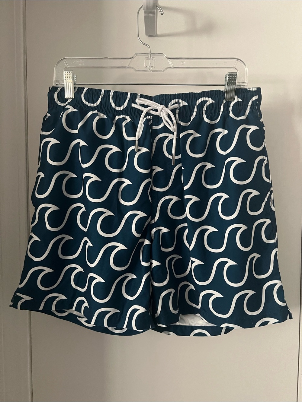Southern Tide Teal and White Wave-Pattern Swim Trunks